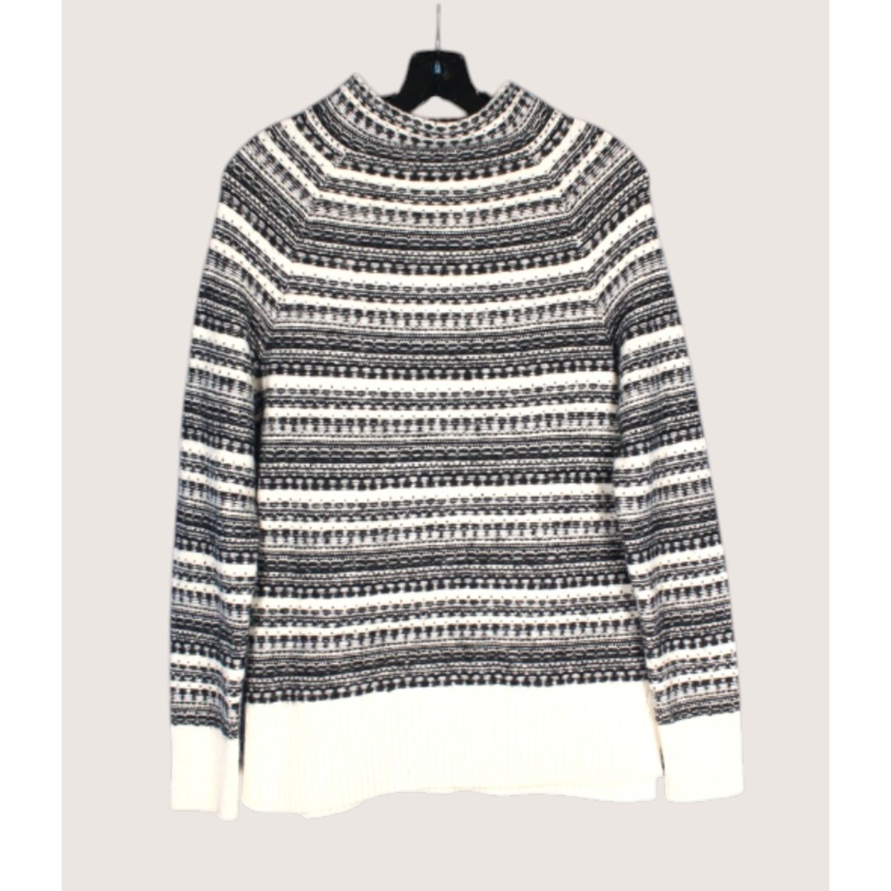 TALBOTS Black/Cream WOOL BLEND Mock Neck BICOLOR FAIR ISLE Knit Sweater Sz S
